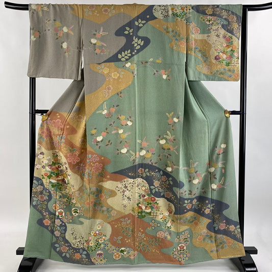 【庫存清倉】訪問服 身長163cm 袖長65.5cm M 雙層 落款有 菊花 有職紋樣 金絲 金銀彩 淺綠 純蠶絲 名品級