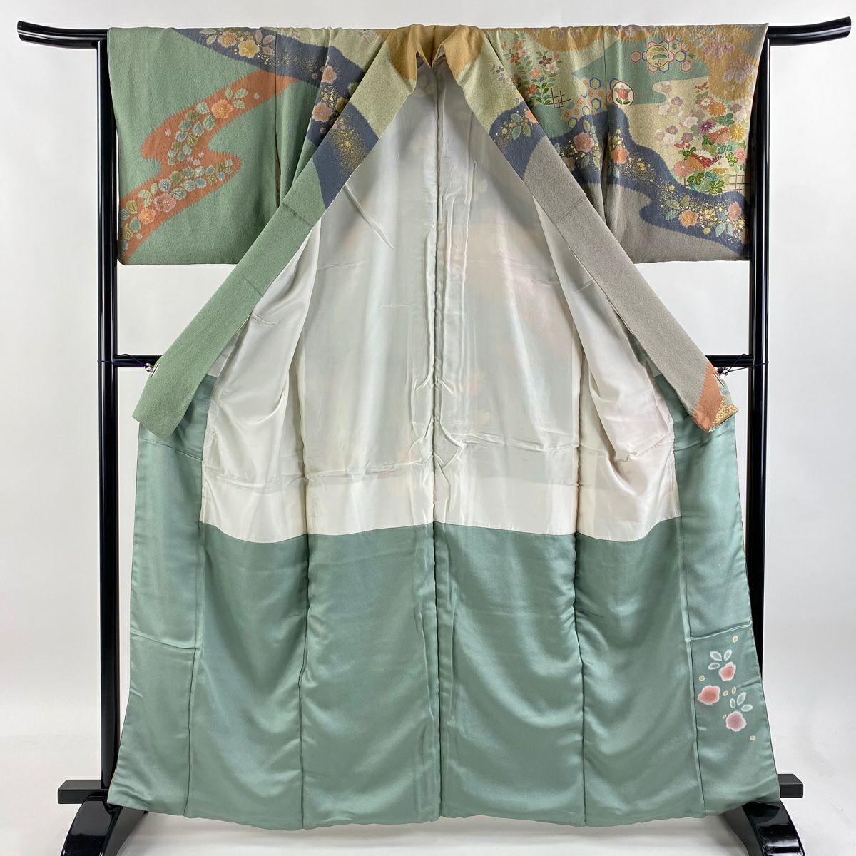 【庫存清倉】訪問服 身長163cm 袖長65.5cm M 雙層 落款有 菊花 有職紋樣 金絲 金銀彩 淺綠 純蠶絲 名品級