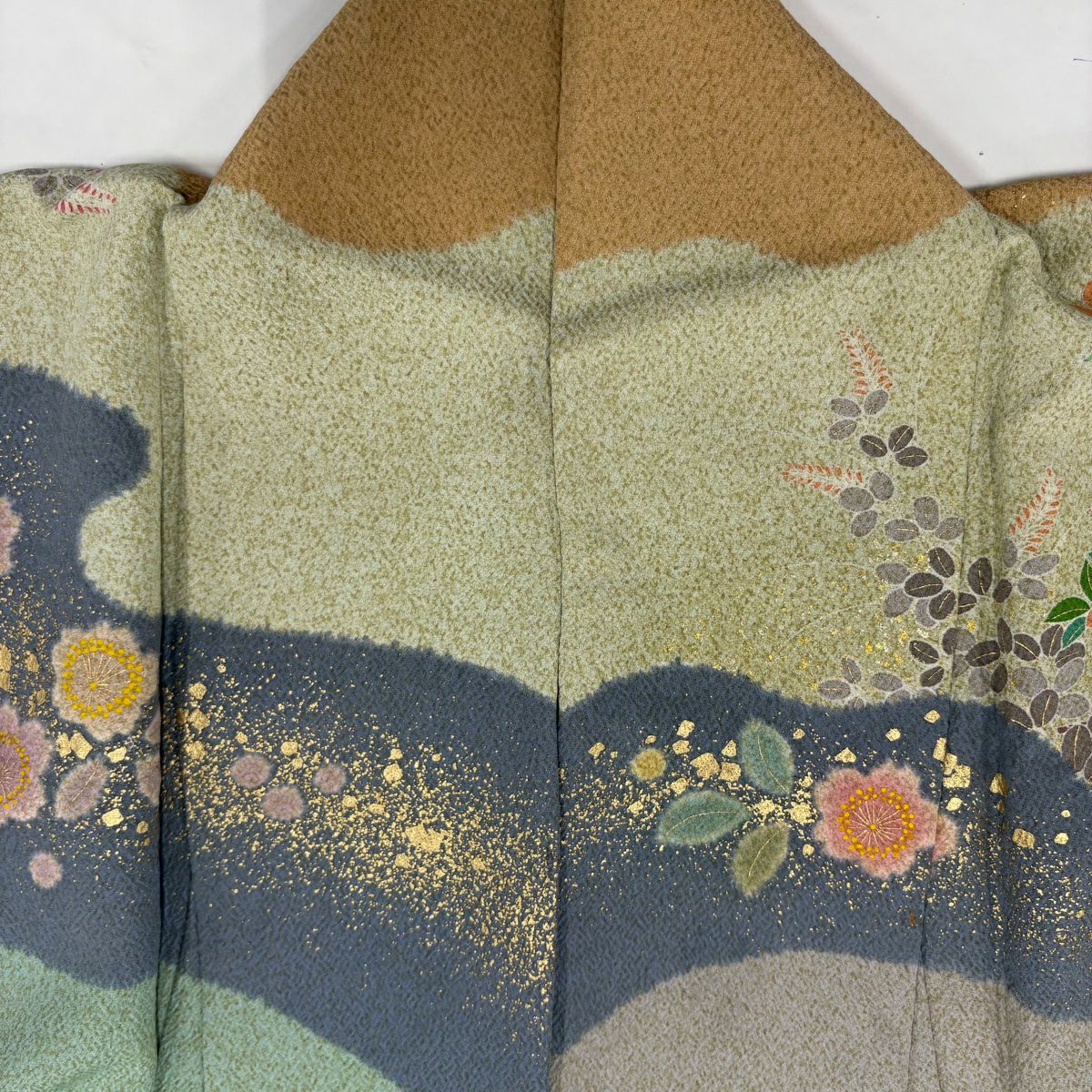 【庫存清倉】訪問服 身長163cm 袖長65.5cm M 雙層 落款有 菊花 有職紋樣 金絲 金銀彩 淺綠 純蠶絲 名品級