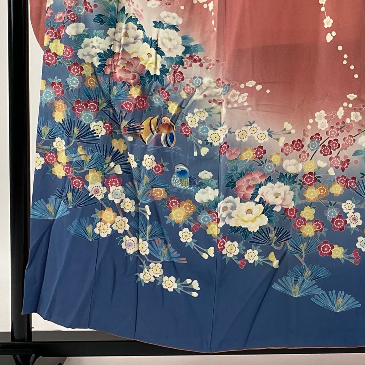 【庫存清倉】振袖禮服 身長156cm 袖長65cm M 雙層 落款有 牡丹 鴛鴦 染分 漸層 粉紅 純蠶絲 名品級