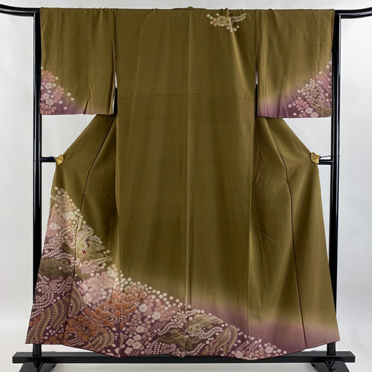 【庫存清倉】訪問服 身長154.5cm 袖長65cm M 雙層 草花紋紋 流水 金彩裝飾 絞染 茶綠 純蠶絲 名品級