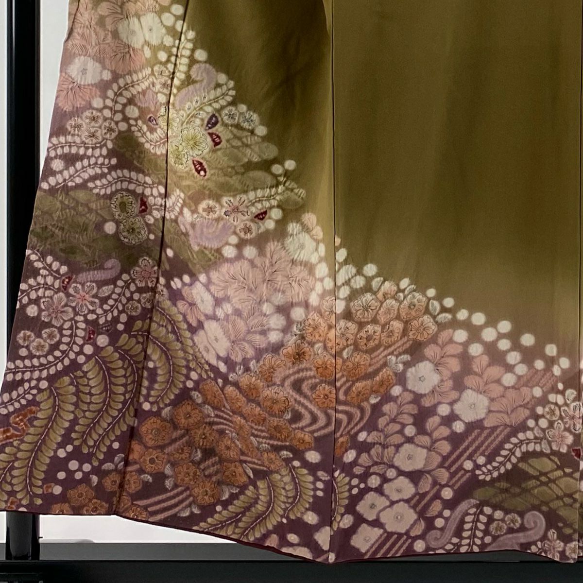 【庫存清倉】訪問服 身長154.5cm 袖長65cm M 雙層 草花紋紋 流水 金彩裝飾 絞染 茶綠 純蠶絲 名品級