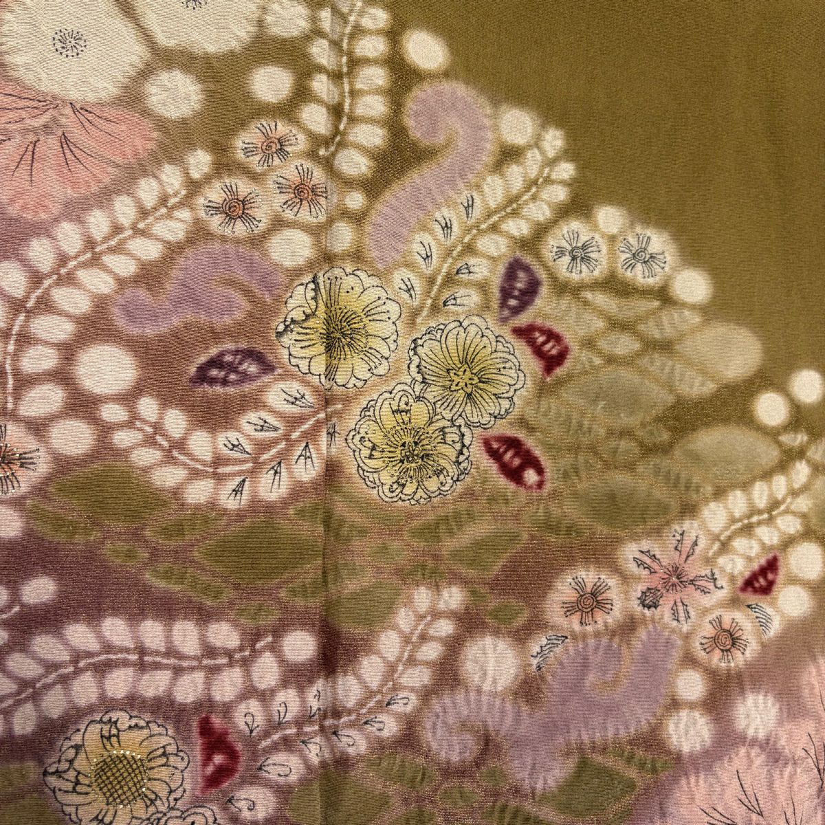 【庫存清倉】訪問服 身長154.5cm 袖長65cm M 雙層 草花紋紋 流水 金彩裝飾 絞染 茶綠 純蠶絲 名品級