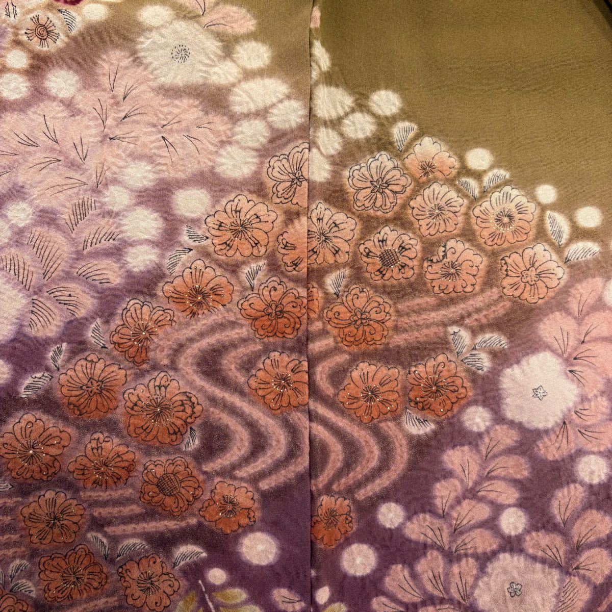 【庫存清倉】訪問服 身長154.5cm 袖長65cm M 雙層 草花紋紋 流水 金彩裝飾 絞染 茶綠 純蠶絲 名品級