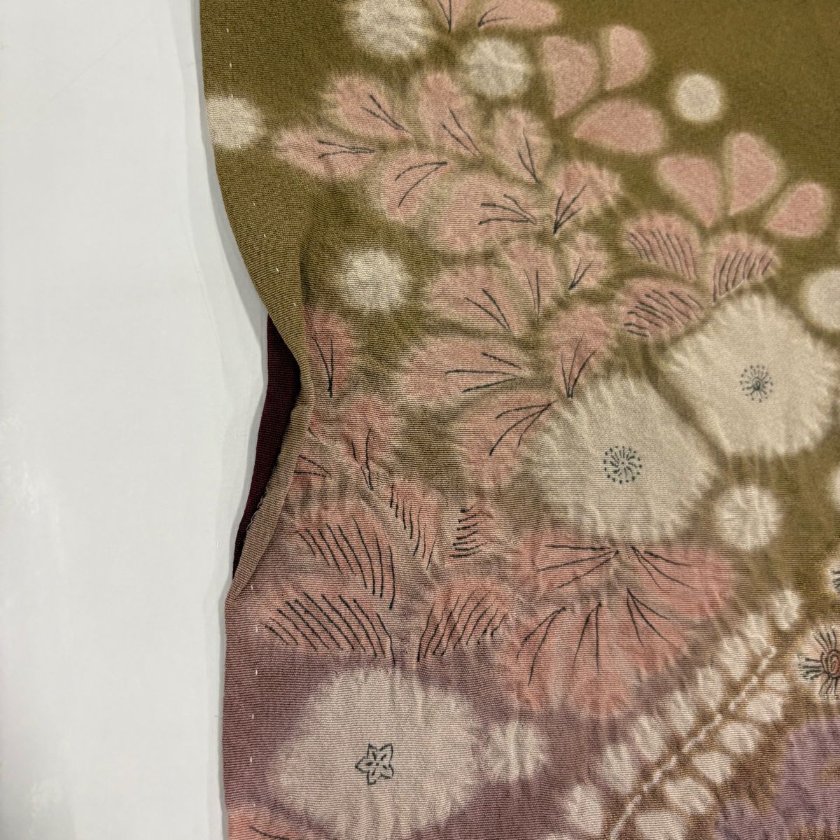 【庫存清倉】訪問服 身長154.5cm 袖長65cm M 雙層 草花紋紋 流水 金彩裝飾 絞染 茶綠 純蠶絲 名品級