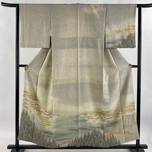 【庫存清倉】訪問服 身長154cm 袖長62.5cm S 雙層 風景 樹木 金彩裝飾 絞染 米色 純蠶絲 名品級