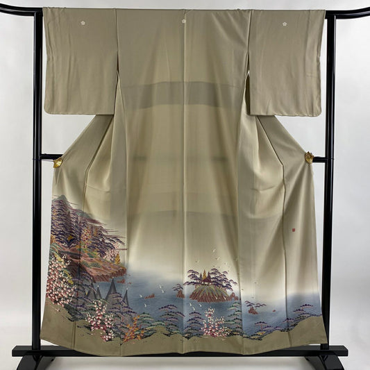【庫存清倉】 留袖禮服禮服 身長155.5cm 袖長62.5cm S 雙層 落款有 風景 松樹竹子梅花 漸層 米色 純蠶絲 美品 名品級 三つ紋