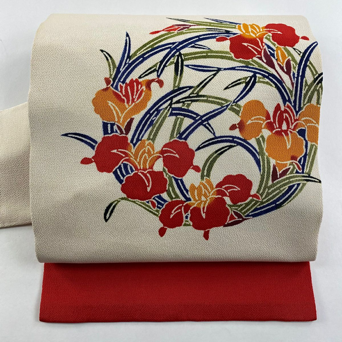 【庫存清倉】名古屋帶 逸品級 栗山吉三郎 落款 花丸紋 菖蒲 絞織 奶油色 純蠶絲