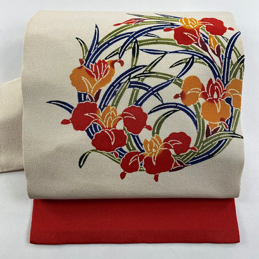 【庫存清倉】名古屋帶 逸品級 栗山吉三郎 落款 花丸紋 菖蒲 絞織 奶油色 純蠶絲