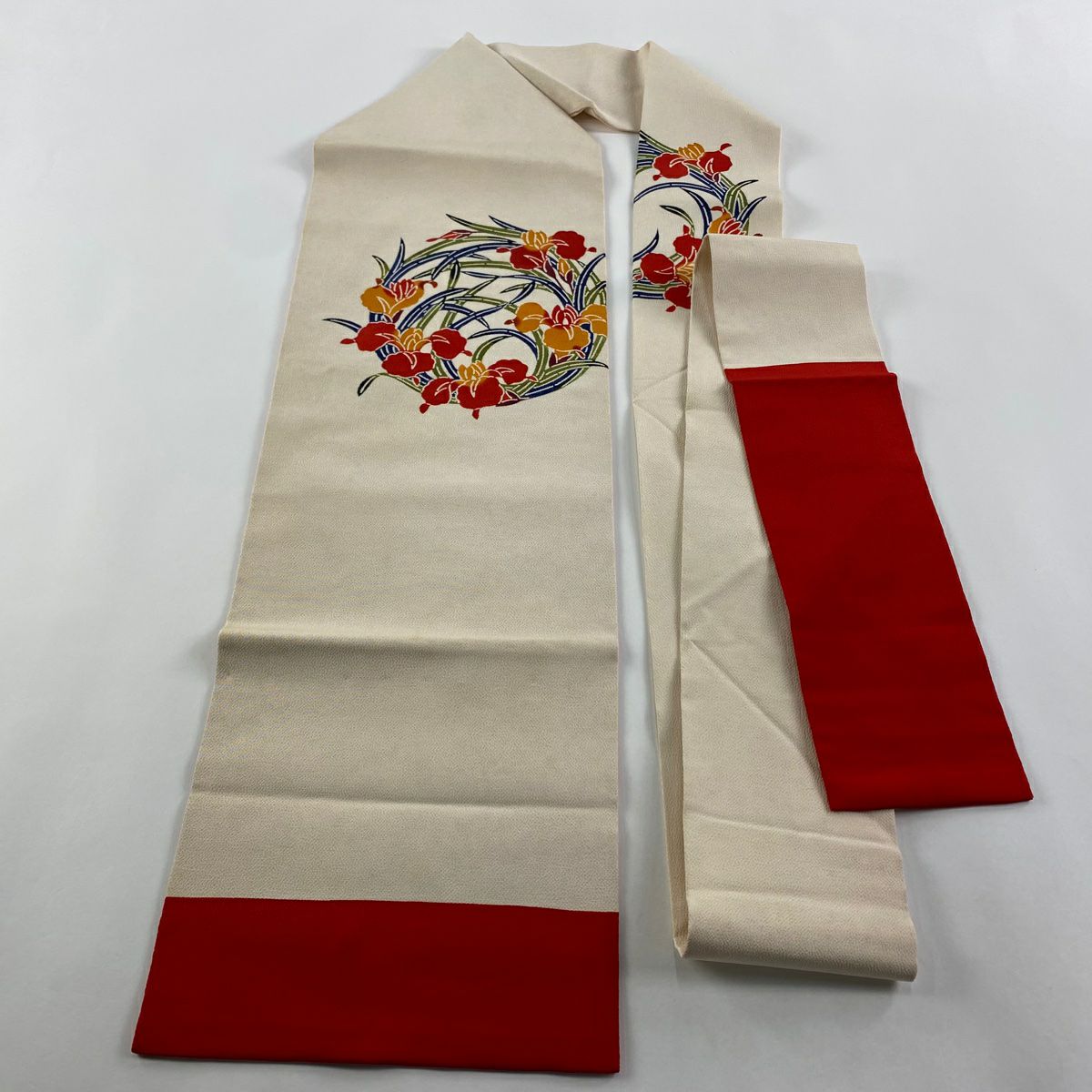 【庫存清倉】名古屋帶 逸品級 栗山吉三郎 落款 花丸紋 菖蒲 絞織 奶油色 純蠶絲