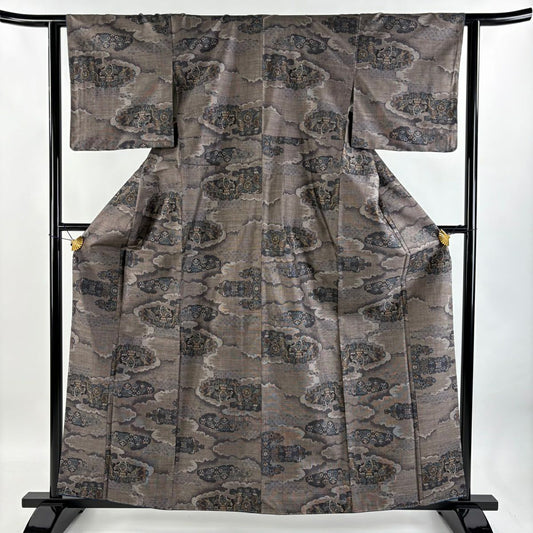 【庫存清倉】 紬織 身長160cm 袖長62cm S 雙層 草花紋紋 雲文 焦茶 純蠶絲 美品 秀品級