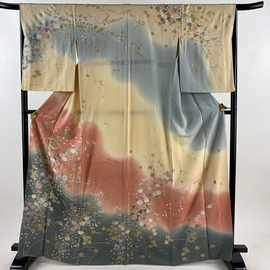 【庫存清倉】訪問服 身長166cm 袖長66cm M 雙層 落款有 菊花花 萩花 金銀彩 染分 薄橙色 純蠶絲 優品級
