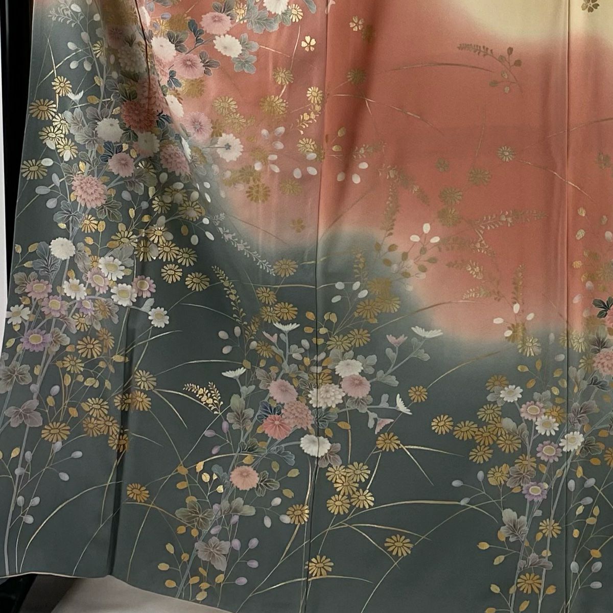 【庫存清倉】訪問服 身長166cm 袖長66cm M 雙層 落款有 菊花花 萩花 金銀彩 染分 薄橙色 純蠶絲 優品級