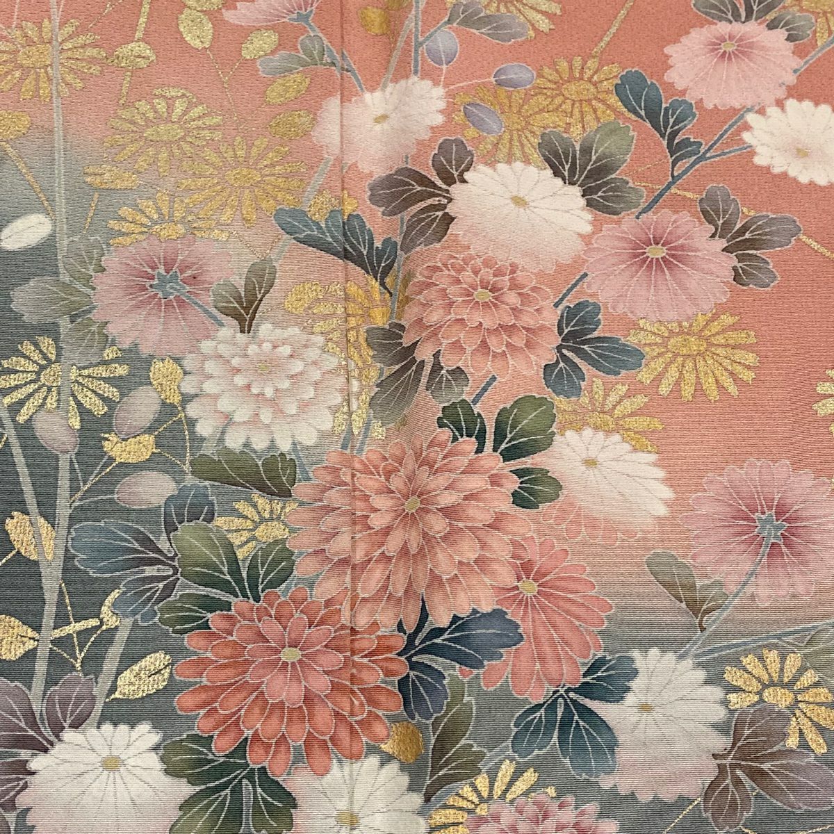 【庫存清倉】訪問服 身長166cm 袖長66cm M 雙層 落款有 菊花花 萩花 金銀彩 染分 薄橙色 純蠶絲 優品級