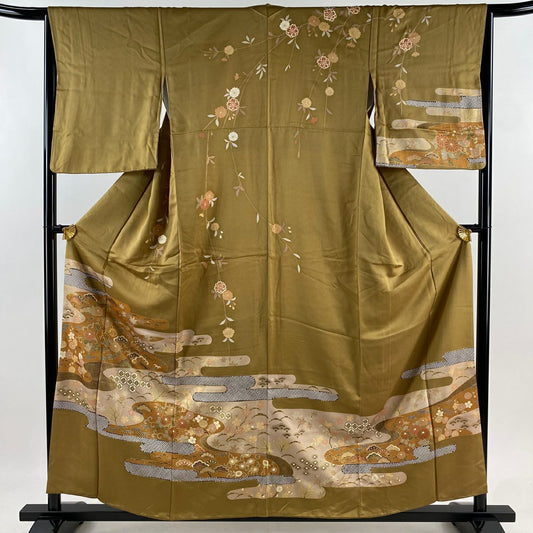 【庫存清倉】訪問服 身長157.5cm 袖長64cm M 雙層 松樹竹子梅花 ヱ霞 金絲 金銀彩 茶 純蠶絲 優品級