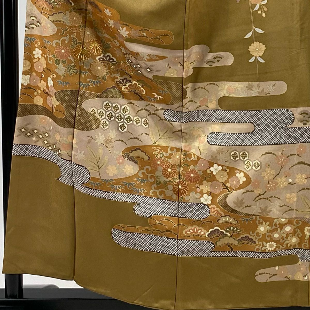 【庫存清倉】訪問服 身長157.5cm 袖長64cm M 雙層 松樹竹子梅花 ヱ霞 金絲 金銀彩 茶 純蠶絲 優品級