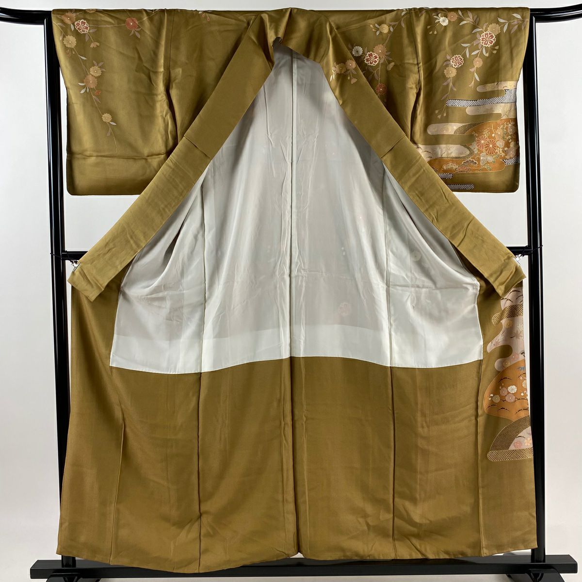 【庫存清倉】訪問服 身長157.5cm 袖長64cm M 雙層 松樹竹子梅花 ヱ霞 金絲 金銀彩 茶 純蠶絲 優品級