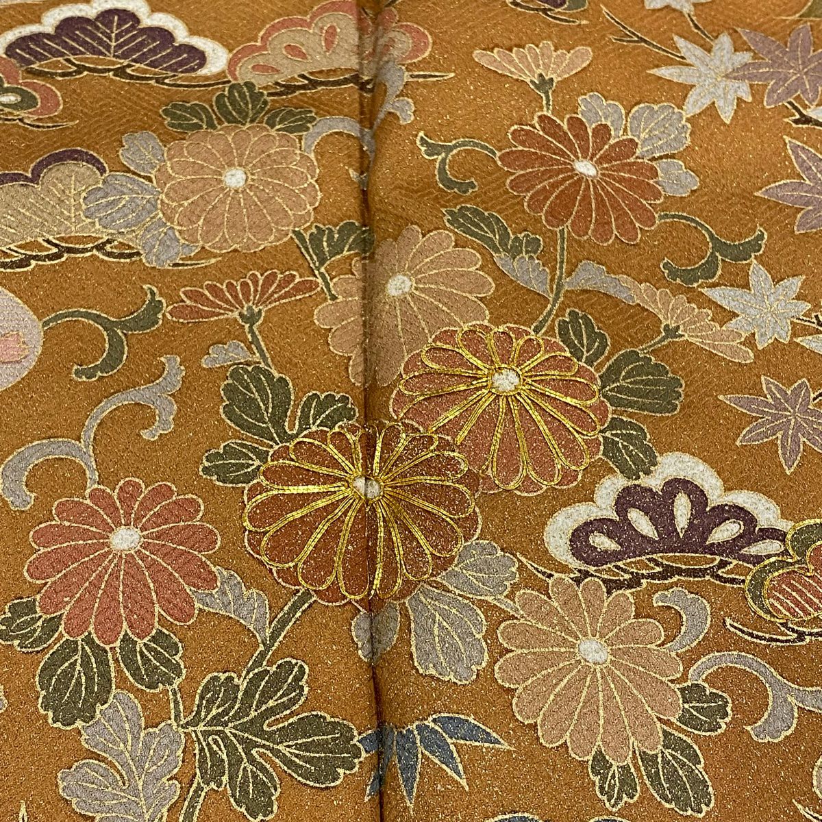 【庫存清倉】訪問服 身長157.5cm 袖長64cm M 雙層 松樹竹子梅花 ヱ霞 金絲 金銀彩 茶 純蠶絲 優品級