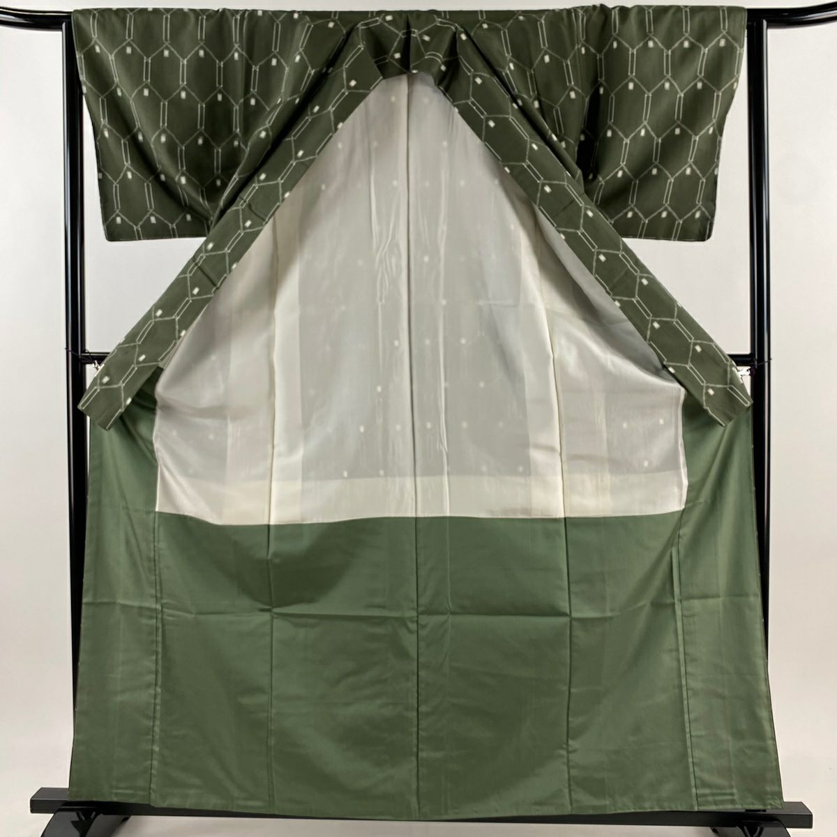 【庫存清倉】 紬織 身長160cm 袖長64cm M 雙層 龜甲 灰綠 純蠶絲 美品 秀品級