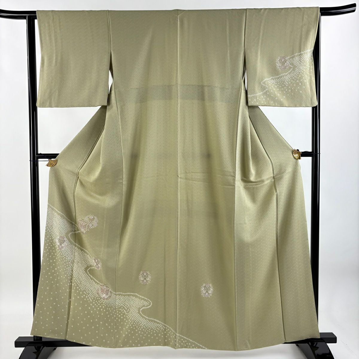 【庫存清倉】 付下 身長158.5cm 袖長63.5cm S 雙層 草花紋紋 霞刺繡 絞染 艾草色 純蠶絲 優品級 一個紋