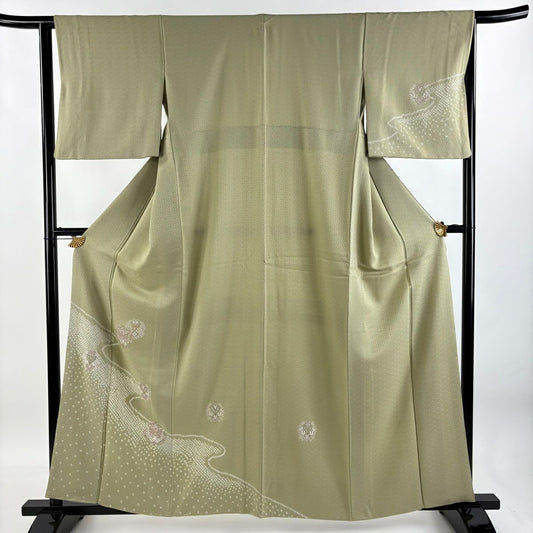 【庫存清倉】 付下 身長158.5cm 袖長63.5cm S 雙層 草花紋紋 霞刺繡 絞染 艾草色 純蠶絲 優品級 一個紋