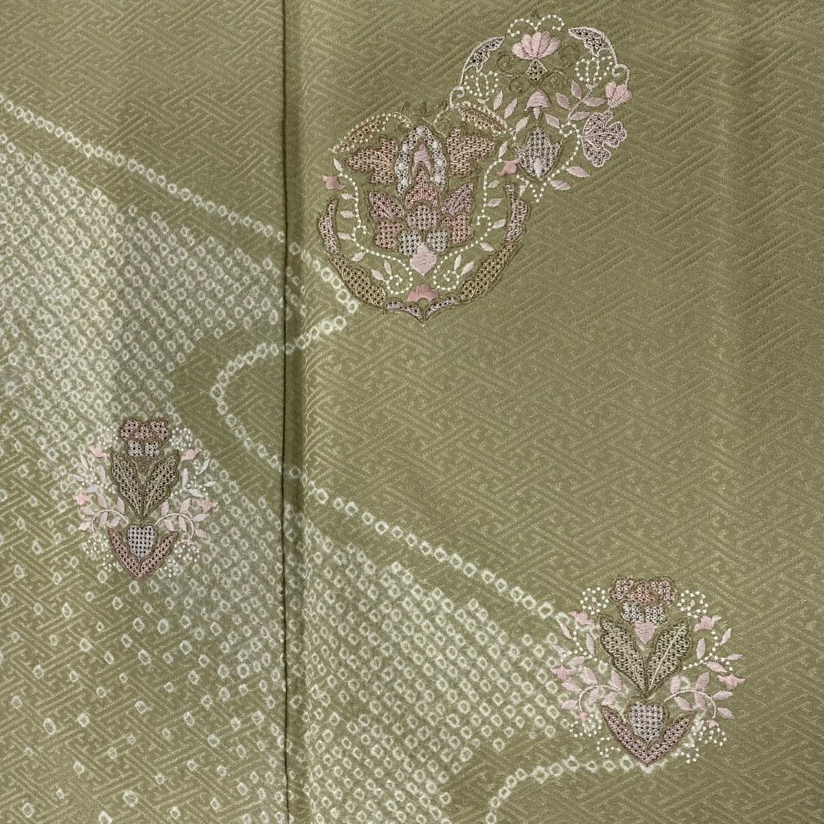 【庫存清倉】 付下 身長158.5cm 袖長63.5cm S 雙層 草花紋紋 霞刺繡 絞染 艾草色 純蠶絲 優品級 一個紋
