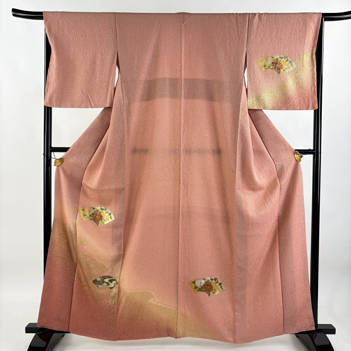 【庫存清倉】 付下 身長162.5cm 袖長65.5cm M 雙層 牡丹 扇子面 金通 金銀彩 粉紅 純蠶絲 優品級