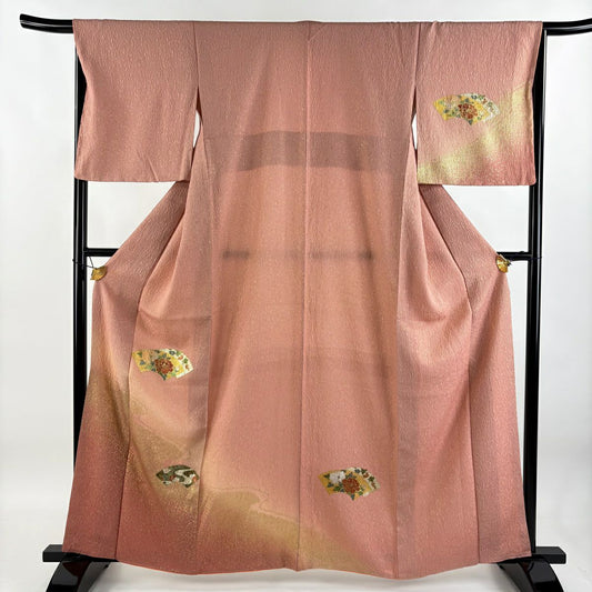 【庫存清倉】 付下 身長162.5cm 袖長65.5cm M 雙層 牡丹 扇子面 金通 金銀彩 粉紅 純蠶絲 優品級
