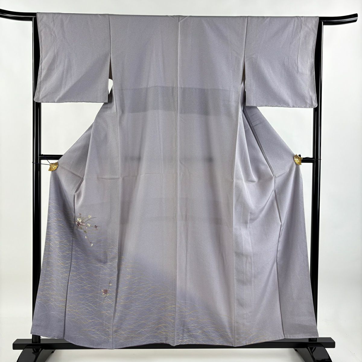 【庫存清倉】 付下 身長157cm 袖長64.5cm M 雙層 草花紋紋 芝刺繡 金線 灰紫 純蠶絲 優品級
