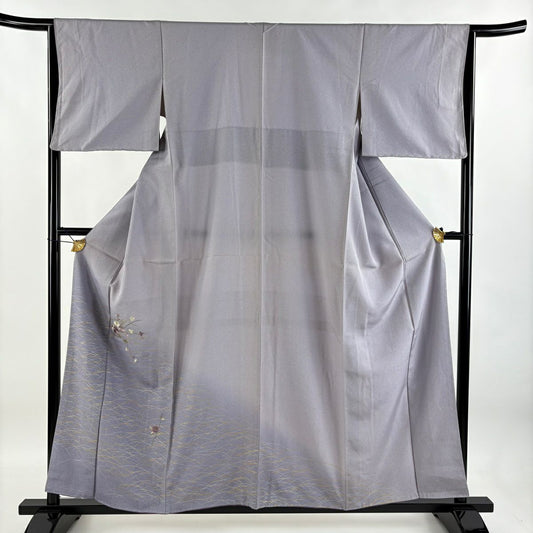 【庫存清倉】 付下 身長157cm 袖長64.5cm M 雙層 草花紋紋 芝刺繡 金線 灰紫 純蠶絲 優品級