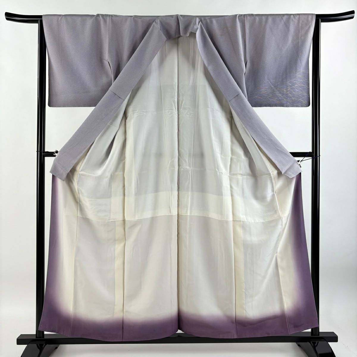 【庫存清倉】 付下 身長157cm 袖長64.5cm M 雙層 草花紋紋 芝刺繡 金線 灰紫 純蠶絲 優品級