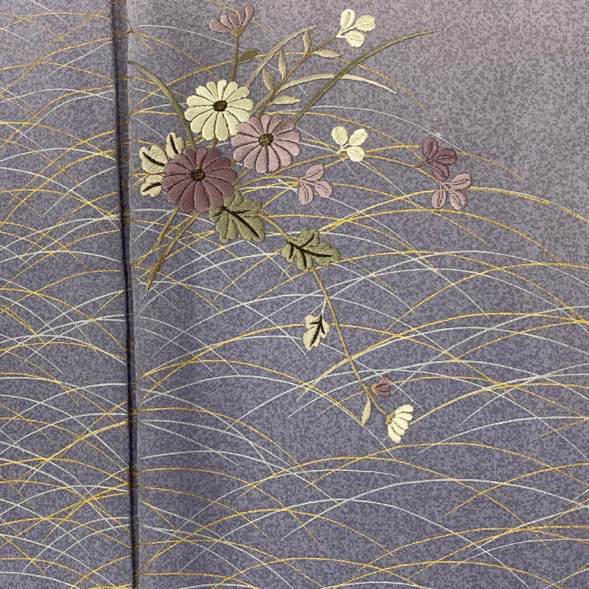 【庫存清倉】 付下 身長157cm 袖長64.5cm M 雙層 草花紋紋 芝刺繡 金線 灰紫 純蠶絲 優品級