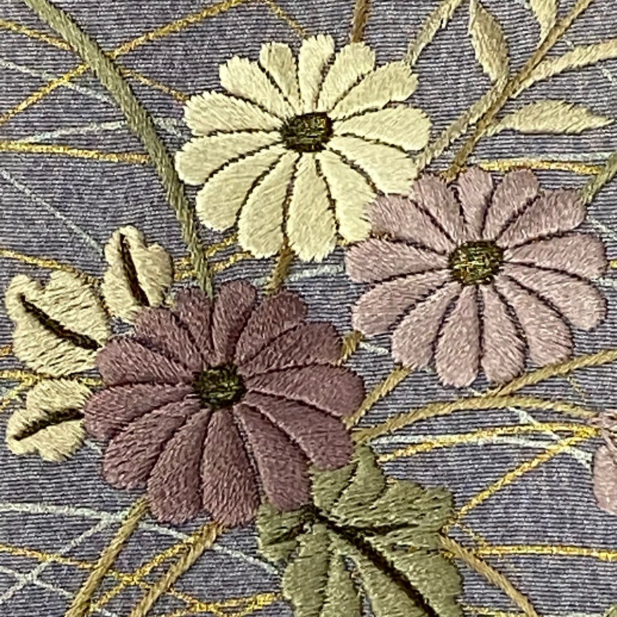 【庫存清倉】 付下 身長157cm 袖長64.5cm M 雙層 草花紋紋 芝刺繡 金線 灰紫 純蠶絲 優品級