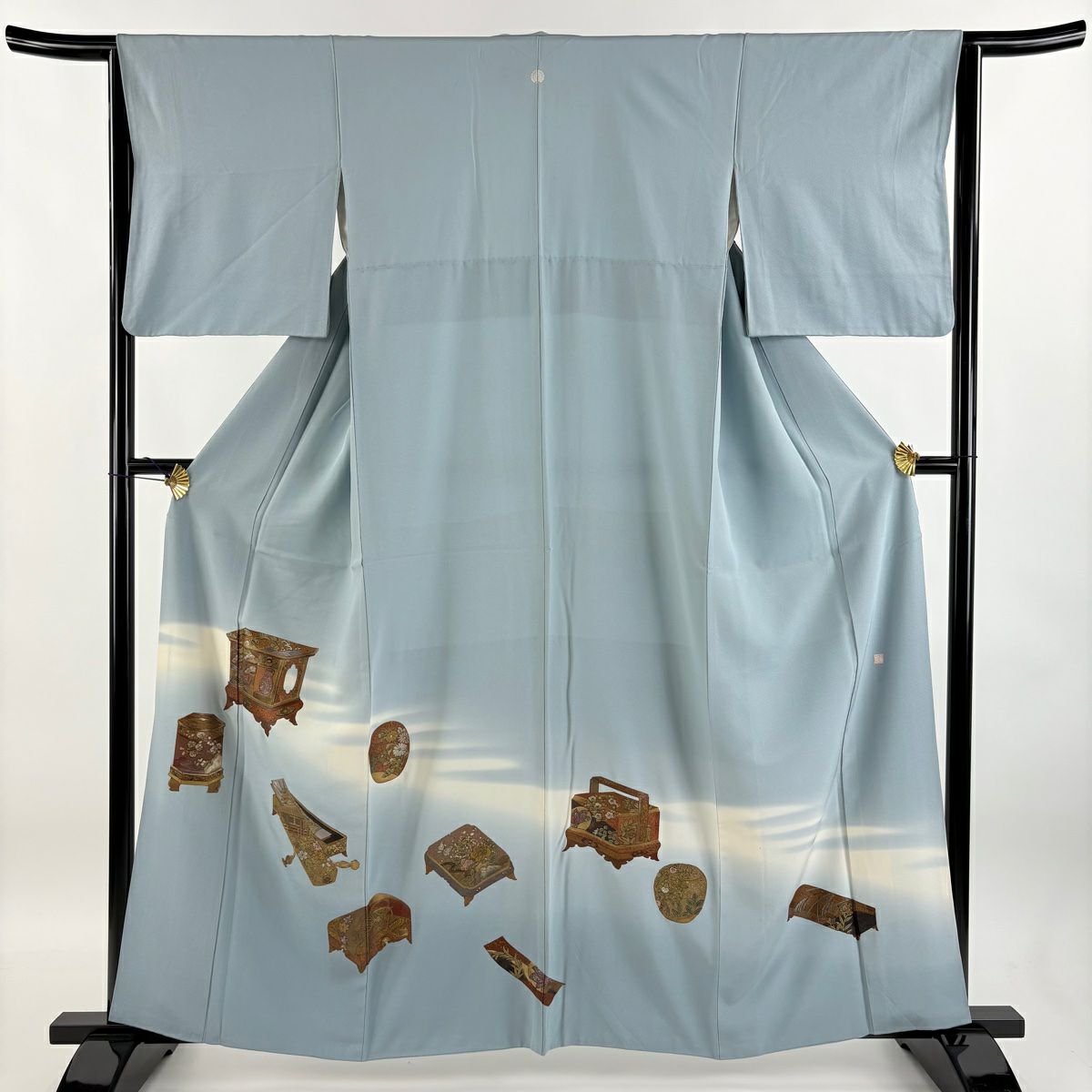 【庫存清倉】 色留袖禮服 身長160.5cm 袖長63cm S 雙層 落款あり 器物 霞 金銀彩 漸層 水藍色 純蠶絲 優品級 一つ紋