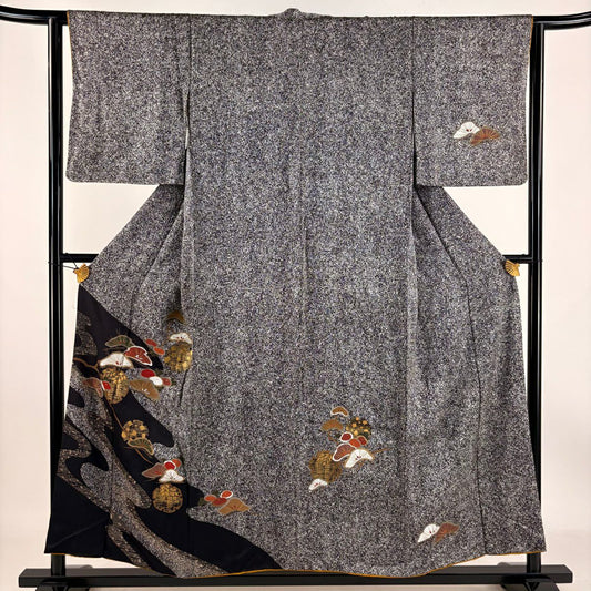 【庫存清倉】 付下 身長153cm 袖長62cm S 雙層 松樹 雪輪 染分 黑灰 純蠶絲 優品級
