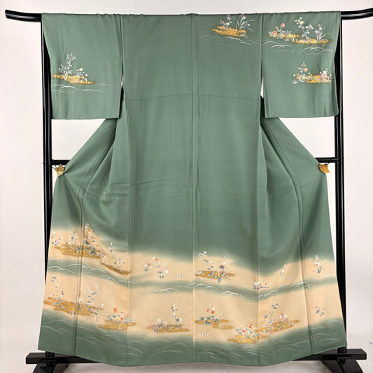 【庫存清倉】訪問服 身長158cm 袖長65cm M 雙層 草花紋紋 芝 金銀彩 金線 灰綠 純蠶絲 優品級