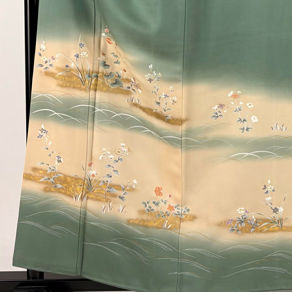 【庫存清倉】訪問服 身長158cm 袖長65cm M 雙層 草花紋紋 芝 金銀彩 金線 灰綠 純蠶絲 優品級