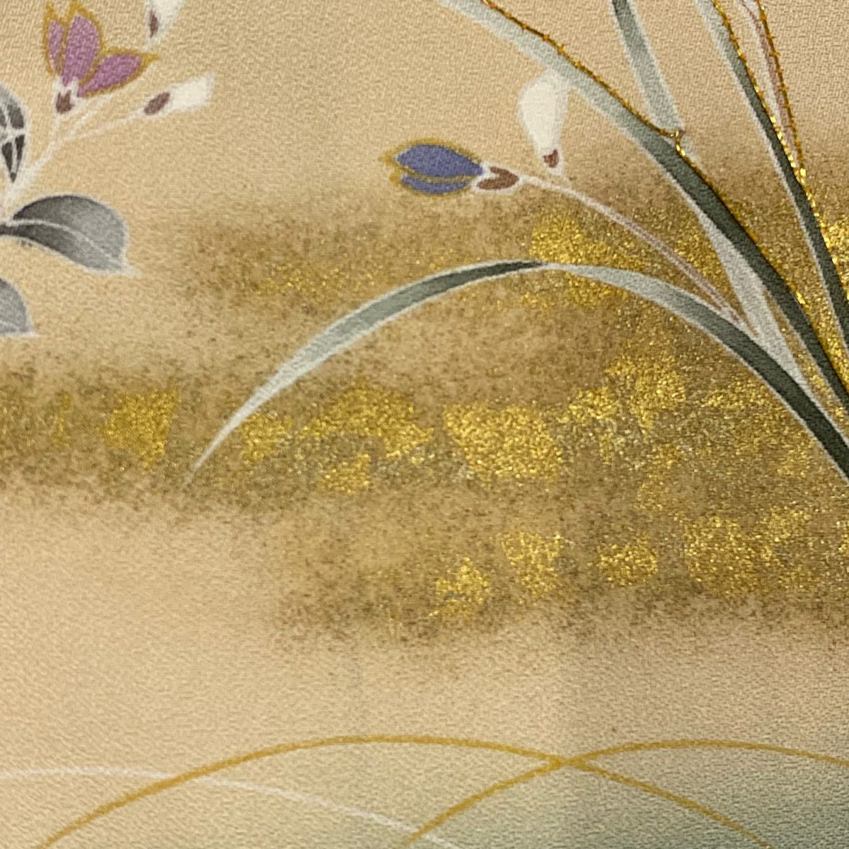 【庫存清倉】訪問服 身長158cm 袖長65cm M 雙層 草花紋紋 芝 金銀彩 金線 灰綠 純蠶絲 優品級