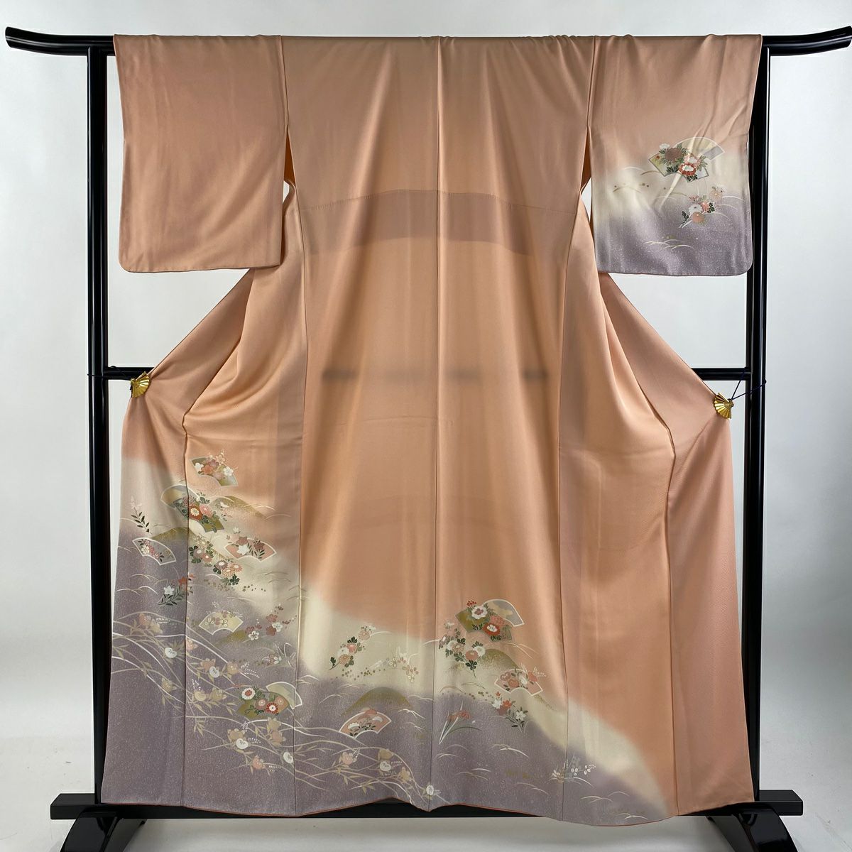 【庫存清倉】訪問服 身長158cm 袖長64cm M 雙層 扇子面 草花紋紋 金銀彩 染分 鮭粉色 純蠶絲 優品級