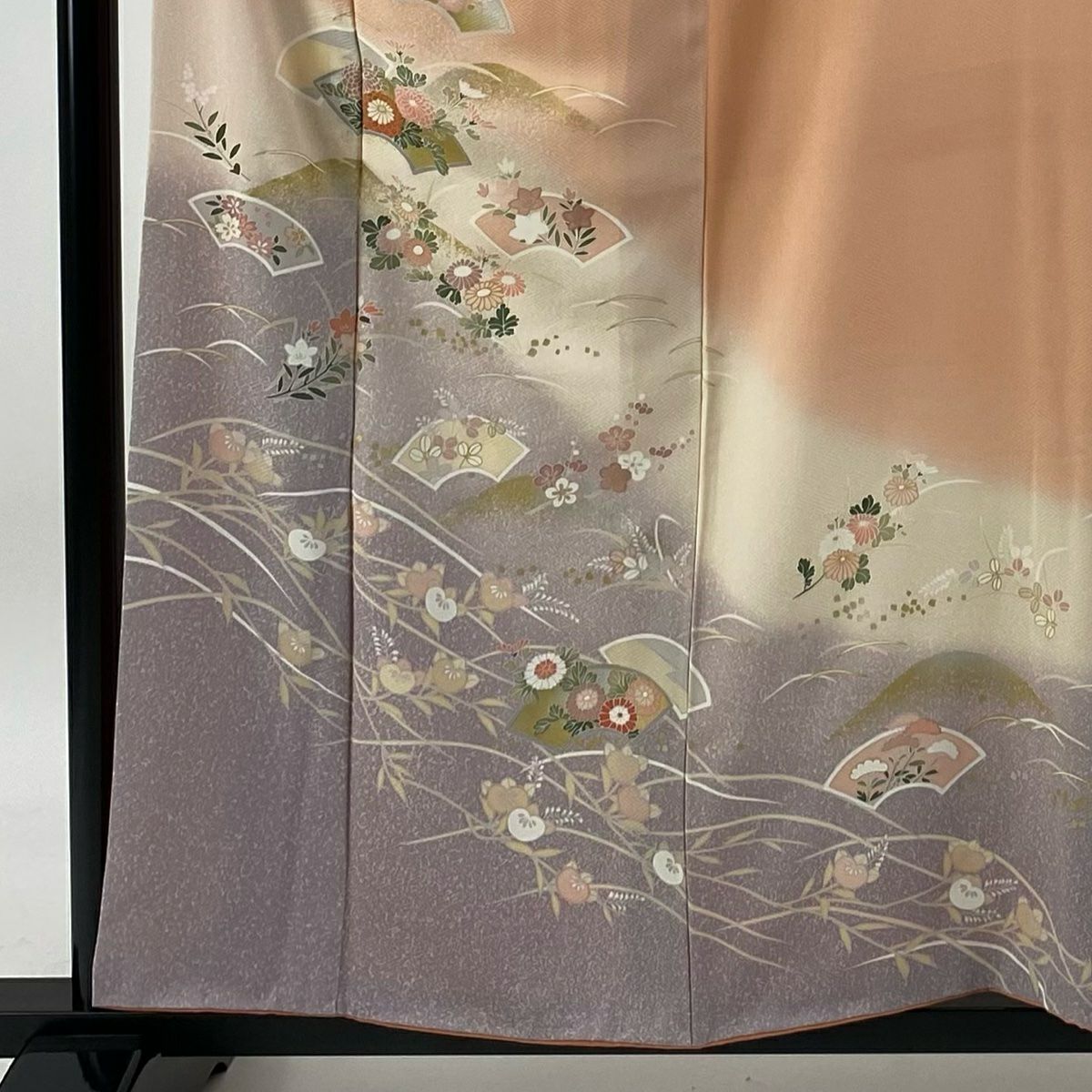 【庫存清倉】訪問服 身長158cm 袖長64cm M 雙層 扇子面 草花紋紋 金銀彩 染分 鮭粉色 純蠶絲 優品級