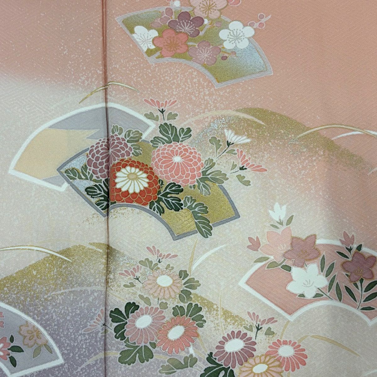 【庫存清倉】訪問服 身長158cm 袖長64cm M 雙層 扇子面 草花紋紋 金銀彩 染分 鮭粉色 純蠶絲 優品級