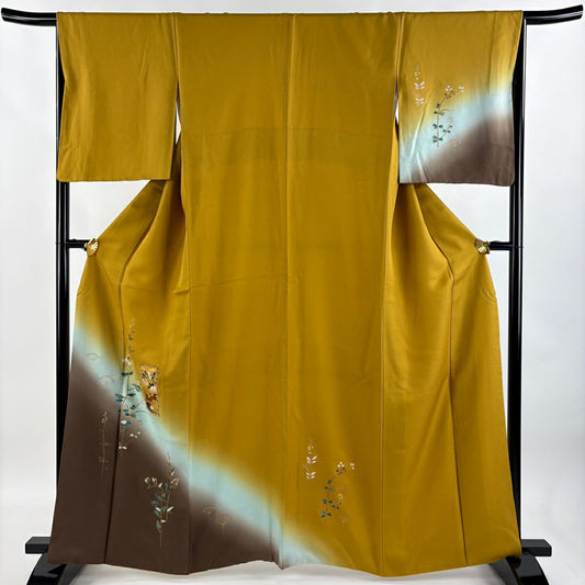 付下 身長162.5cm 袖長65.5cm M 雙層 短冊 草花紋紋 金銀彩 漸層 山吹 純蠶絲 優品級