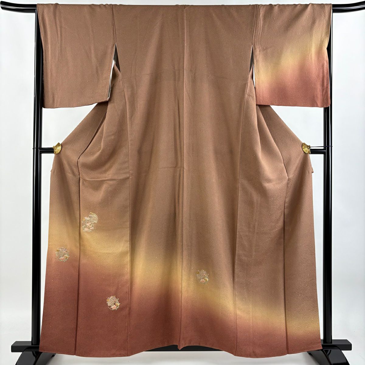 【庫存清倉】 付下 身長158.5cm 袖長66cm M 雙層 花丸紋 鮫 刺繡 染分 茶 純蠶絲 優品級