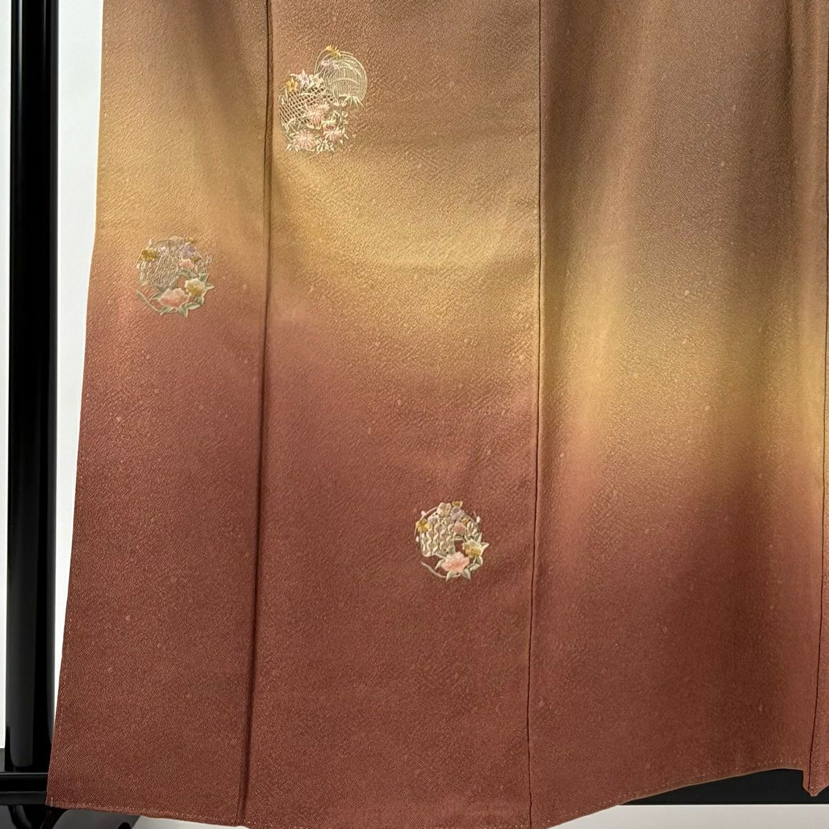 【庫存清倉】 付下 身長158.5cm 袖長66cm M 雙層 花丸紋 鮫 刺繡 染分 茶 純蠶絲 優品級
