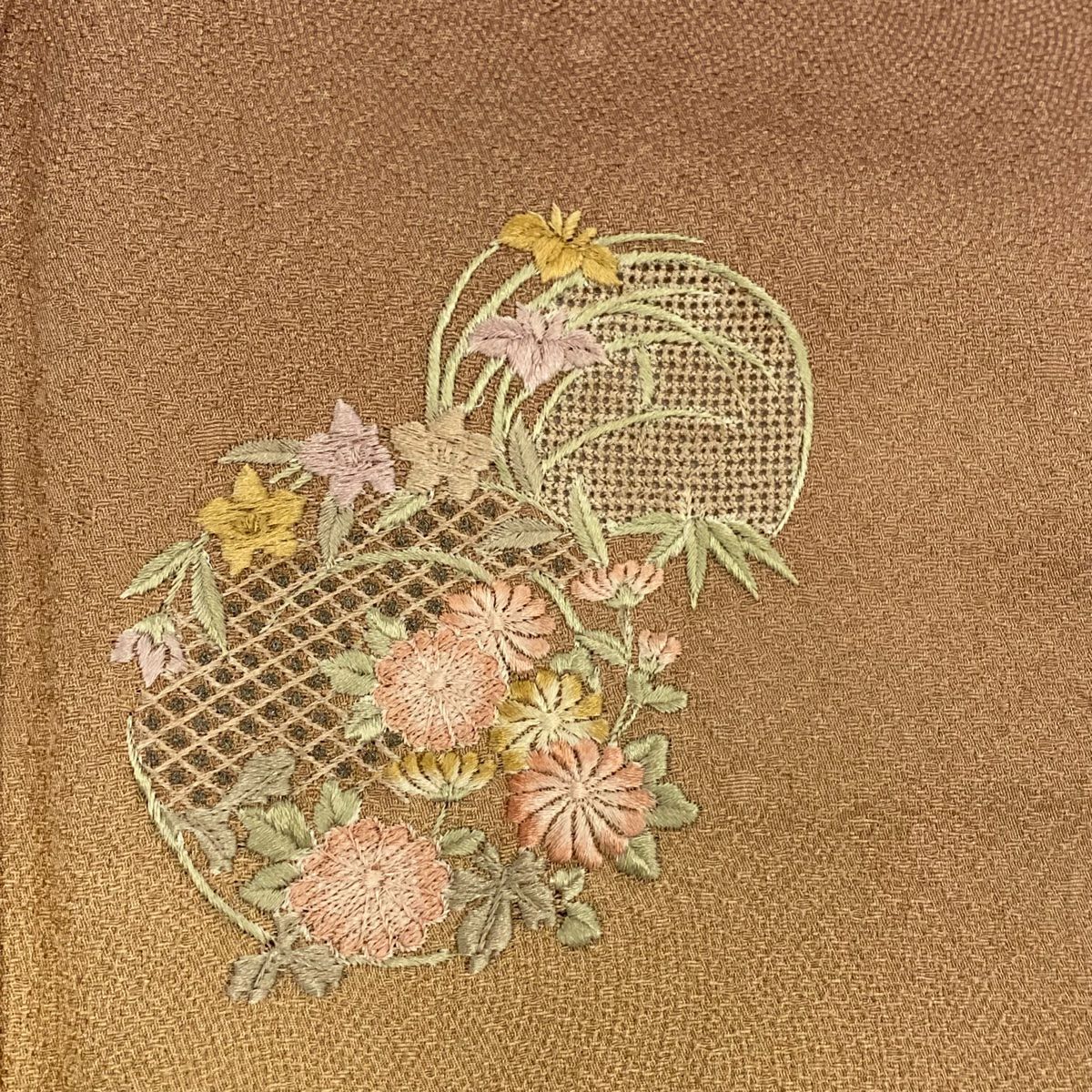 【庫存清倉】 付下 身長158.5cm 袖長66cm M 雙層 花丸紋 鮫 刺繡 染分 茶 純蠶絲 優品級