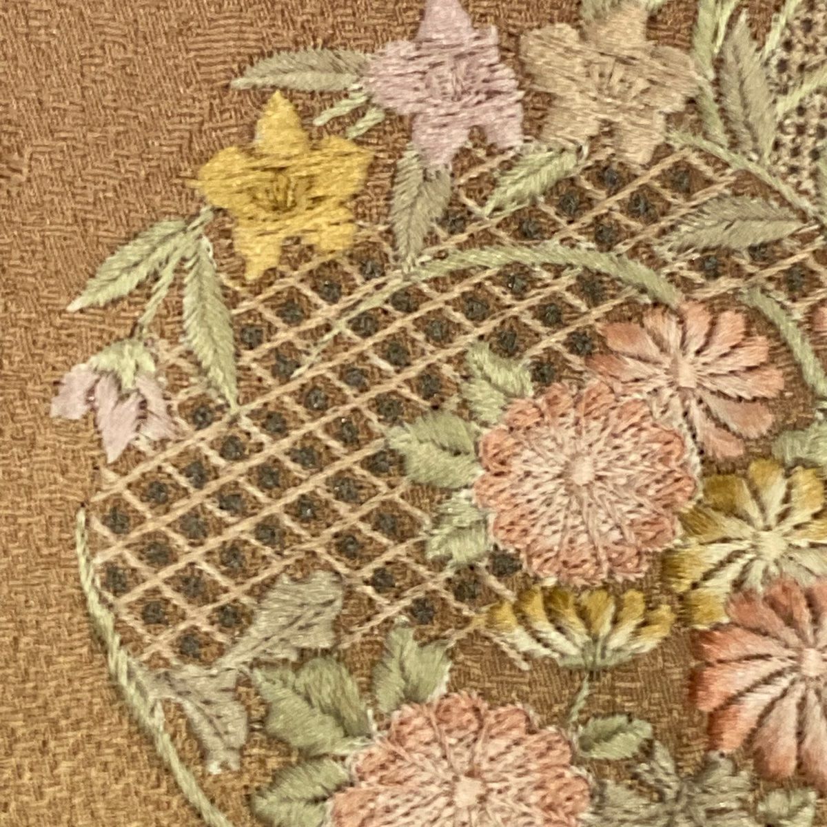 【庫存清倉】 付下 身長158.5cm 袖長66cm M 雙層 花丸紋 鮫 刺繡 染分 茶 純蠶絲 優品級