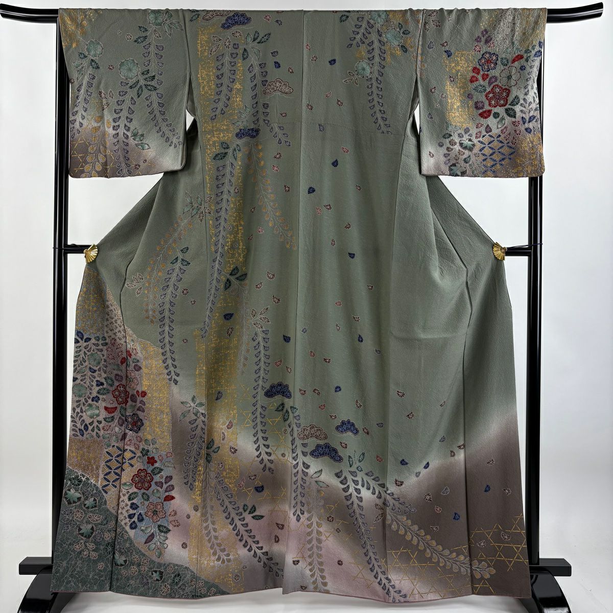 【庫存清倉】訪問服 身長164.5cm 袖長66cm M 雙層 草花紋紋 七寶紋 金銀彩 漸層 灰綠 純蠶絲 優品級