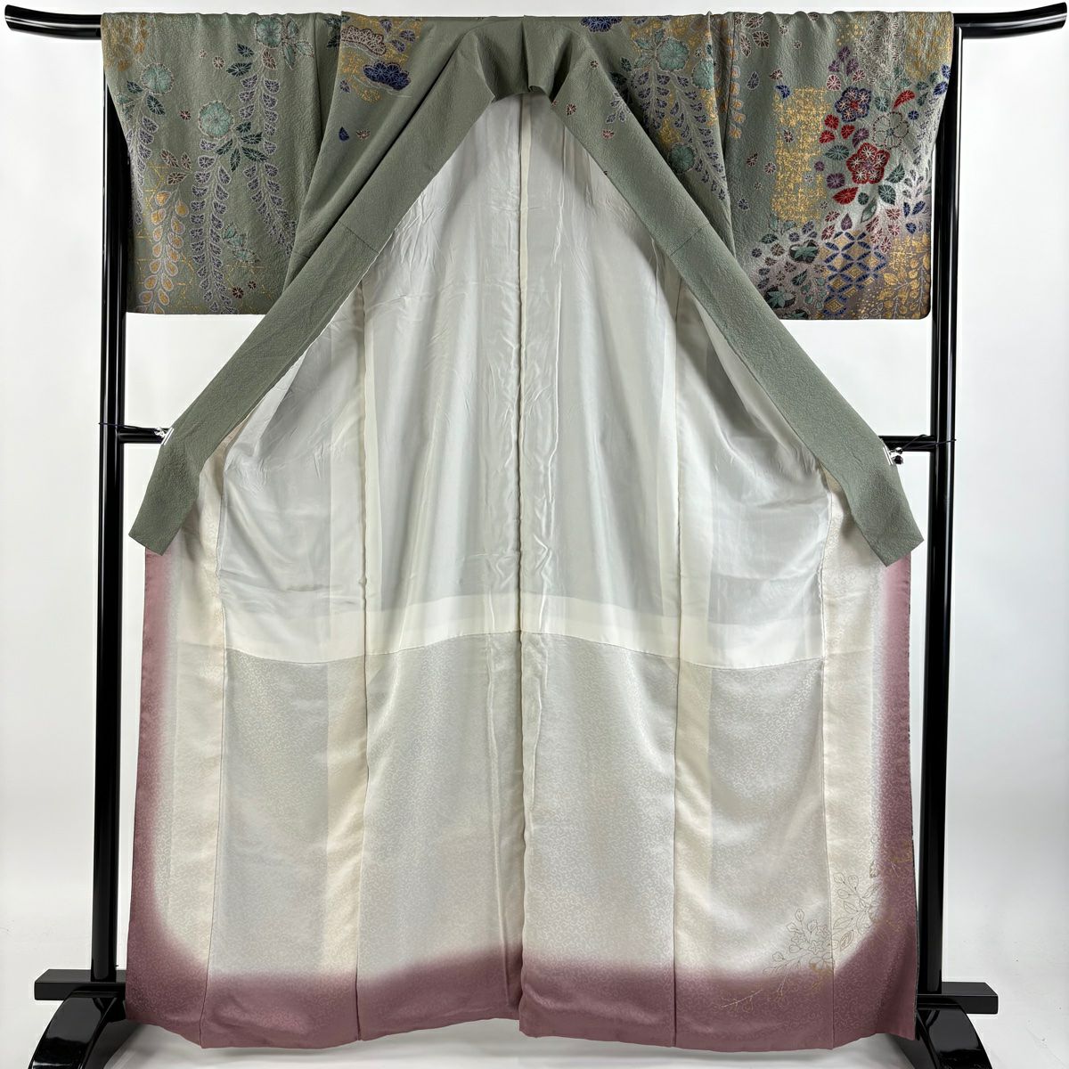 【庫存清倉】訪問服 身長164.5cm 袖長66cm M 雙層 草花紋紋 七寶紋 金銀彩 漸層 灰綠 純蠶絲 優品級