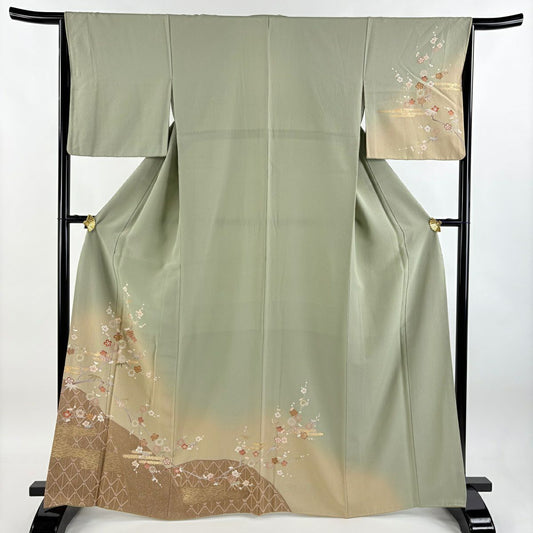 【庫存清倉】訪問服 身長167cm 袖長64.5cm M 雙層 枝梅花 ヱ霞 金銀彩 灰綠 純蠶絲 優品級