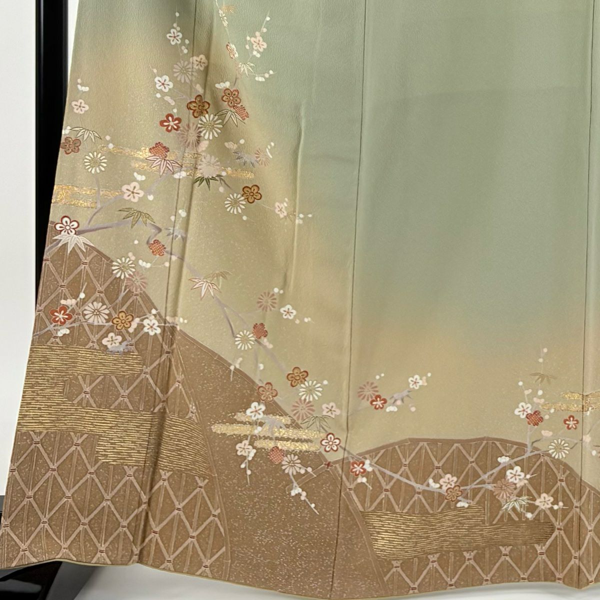 【庫存清倉】訪問服 身長167cm 袖長64.5cm M 雙層 枝梅花 ヱ霞 金銀彩 灰綠 純蠶絲 優品級